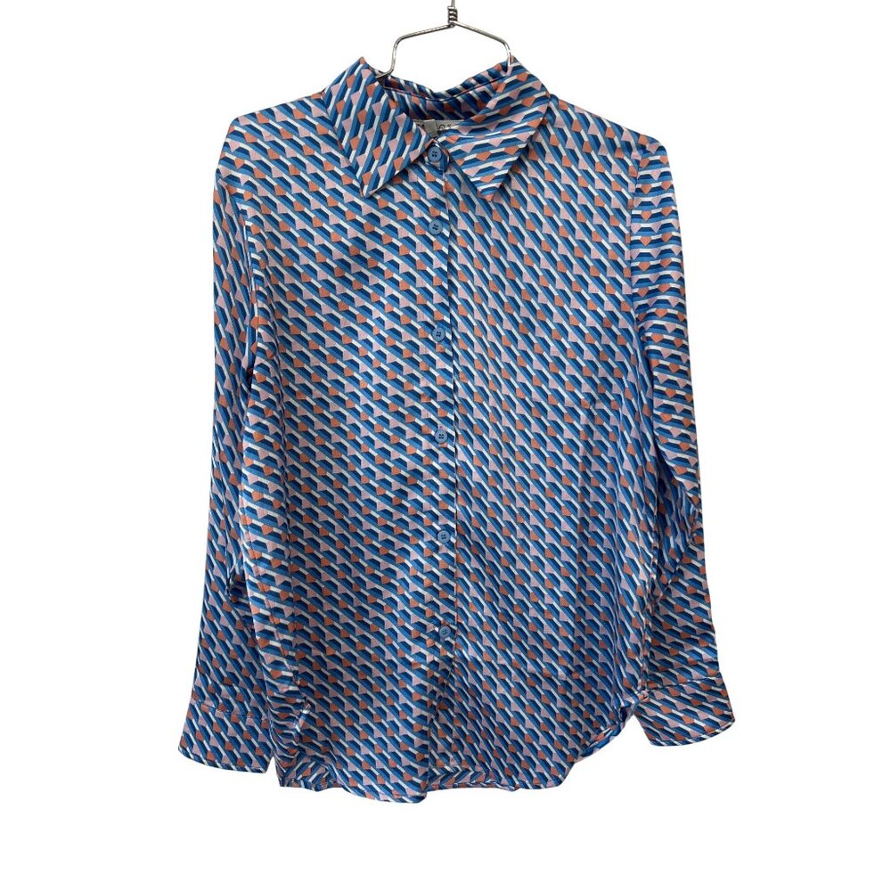 Mimosa Shirt Size Small Satin Button Front Long Sleeve Geometric Print Blue Pink